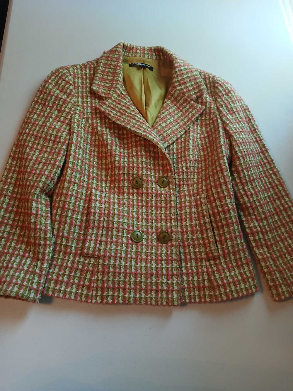 Betsey Johnson Pink and Green Tweed Double-Breasted Blazer Size 6.